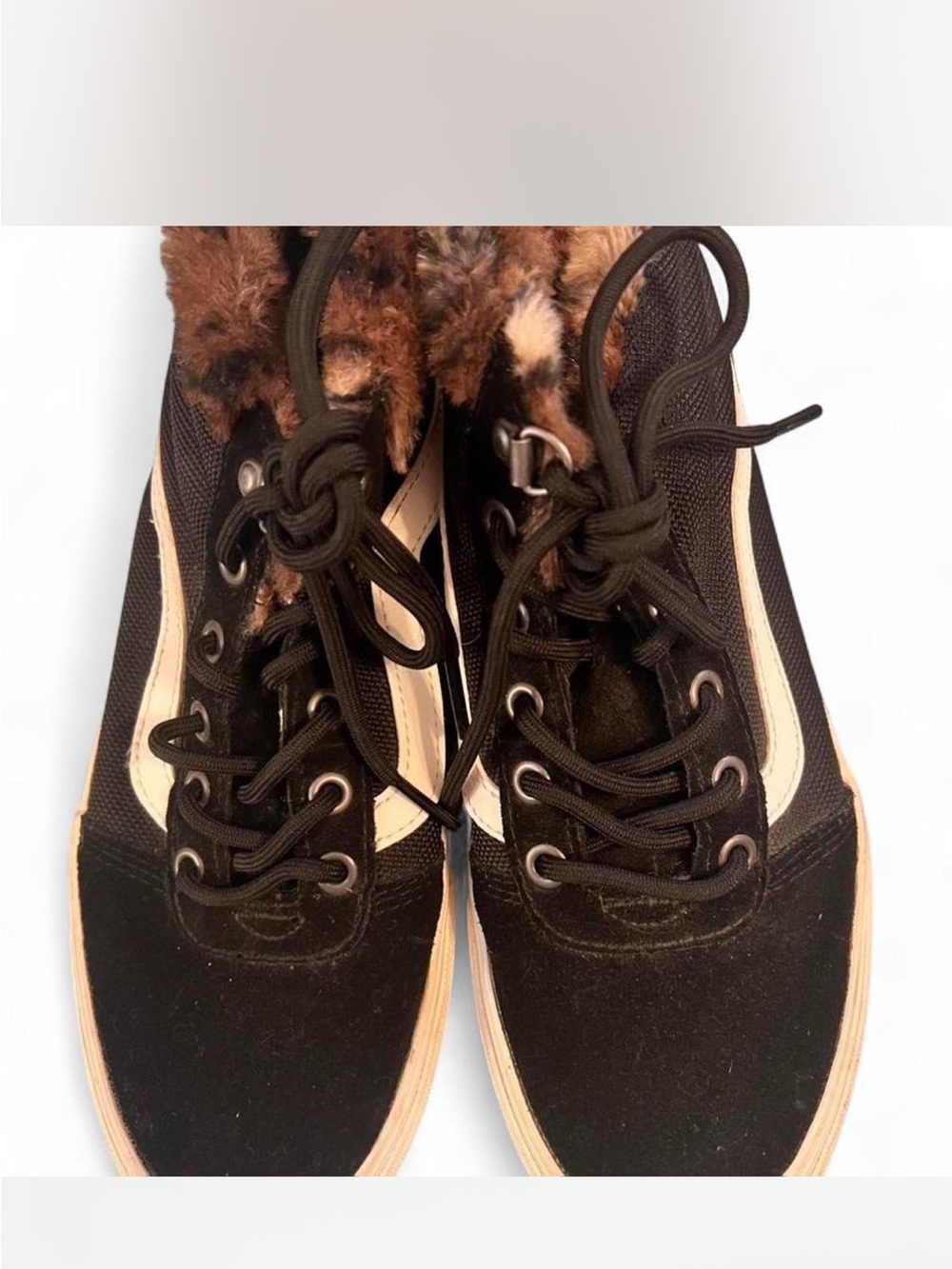 Vans Black and Cream Women's Fur-Lined High-Top Sneakers